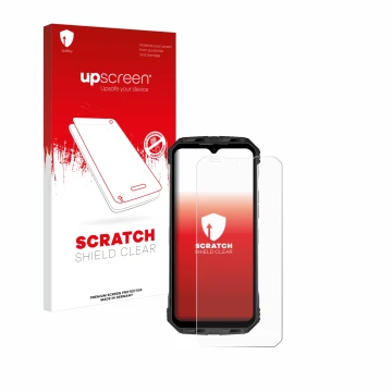 Parte frontale di una confezione del prodotto con il logo del marchio upscreen. Accanto è raffigurato il dispositivo Doogee S1