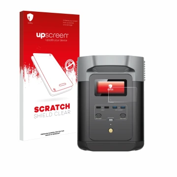 Parte frontale di una confezione del prodotto con il logo del marchio upscreen. Accanto è raffigurato il dispositivo EcoFlow D