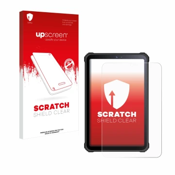 Parte frontale di una confezione del prodotto con il logo del marchio upscreen. Accanto è raffigurato il dispositivo Oukitel R