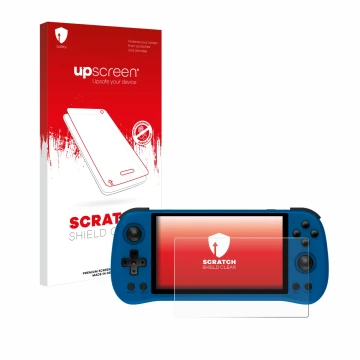 Parte frontale di una confezione del prodotto con il logo del marchio upscreen. Accanto è raffigurato il dispositivo Powkiddy 