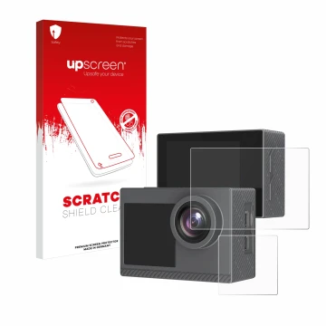 Parte frontale di una confezione del prodotto con il logo del marchio upscreen. Accanto è raffigurato il dispositivo Akaso Bra