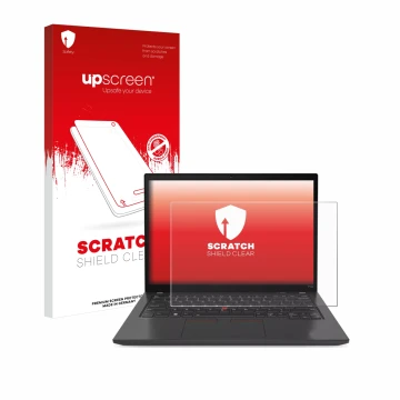 Parte frontale di una confezione del prodotto con il logo del marchio upscreen. Accanto è raffigurato il dispositivo Lenovo Th