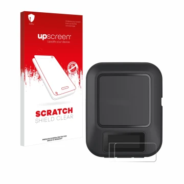 Parte frontale di una confezione del prodotto con il logo del marchio upscreen. Accanto è raffigurato il dispositivo Garmin in