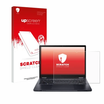 Parte frontale di una confezione del prodotto con il logo del marchio upscreen. Accanto è raffigurato il dispositivo Acer Trav