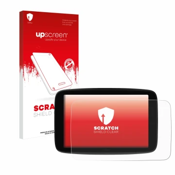 Parte frontale di una confezione del prodotto con il logo del marchio upscreen. Accanto è raffigurato il dispositivo TomTom GO