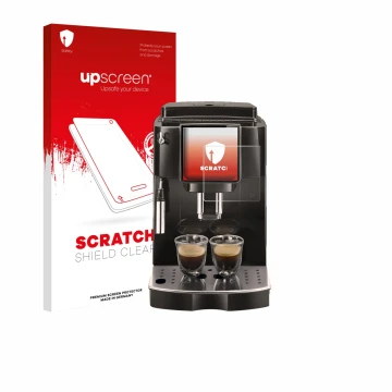 Parte frontale di una confezione del prodotto con il logo del marchio upscreen. Accanto è raffigurato il dispositivo DeLonghi 