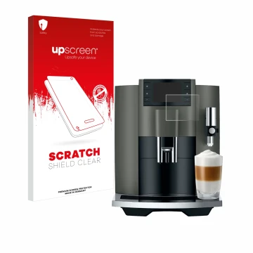 Parte frontale di una confezione del prodotto con il logo del marchio upscreen. Accanto è raffigurato il dispositivo Jura E8 (