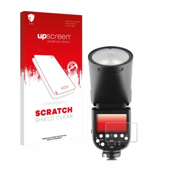 Parte frontale di una confezione del prodotto con il logo del marchio upscreen. Accanto è raffigurato il dispositivo Godox V1 