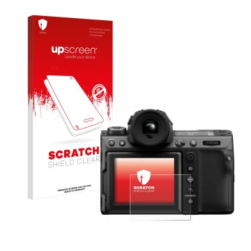 Parte frontale di una confezione del prodotto con il logo del marchio upscreen. Accanto è raffigurato il dispositivo Fujifilm 