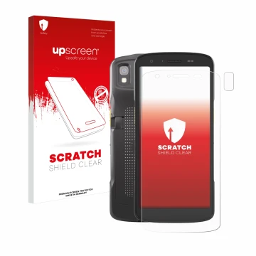 Parte frontale di una confezione del prodotto con il logo del marchio upscreen. Accanto è raffigurato il dispositivo Zebra TC2