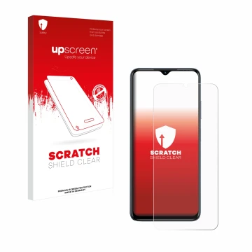 Parte frontale di una confezione del prodotto con il logo del marchio upscreen. Accanto è raffigurato il dispositivo Infinix H