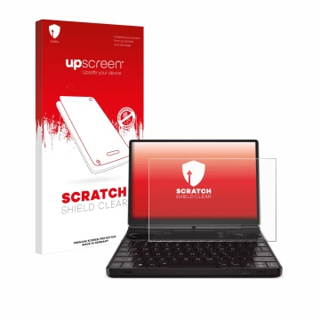 Parte frontale di una confezione del prodotto con il logo del marchio upscreen. Accanto è raffigurato il dispositivo GPD Win M