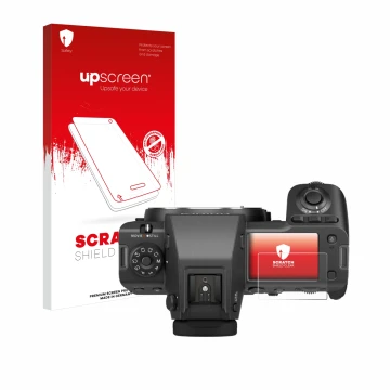 Parte frontale di una confezione del prodotto con il logo del marchio upscreen. Accanto è raffigurato il dispositivo Fujifilm 