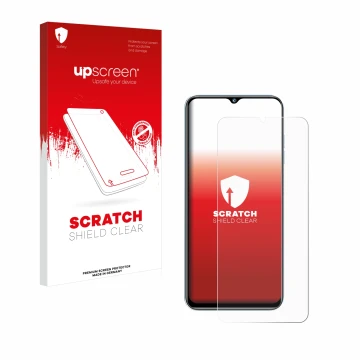 Parte frontale di una confezione del prodotto con il logo del marchio upscreen. Accanto è raffigurato il dispositivo Oukitel C