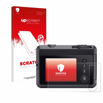 Parte frontale di una confezione del prodotto con il logo del marchio upscreen. Accanto è raffigurato il dispositivo Leica SOF