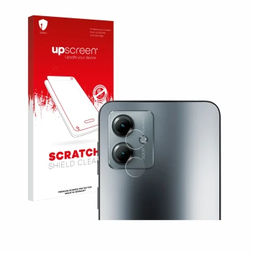 Parte frontale di una confezione del prodotto con il logo del marchio upscreen. Accanto è raffigurato il dispositivo Motorola 