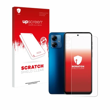 Parte frontale di una confezione del prodotto con il logo del marchio upscreen. Accanto è raffigurato il dispositivo Motorola 