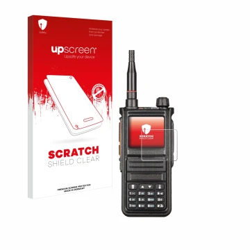 Parte frontale di una confezione del prodotto con il logo del marchio upscreen. Accanto è raffigurato il dispositivo Radtel RT