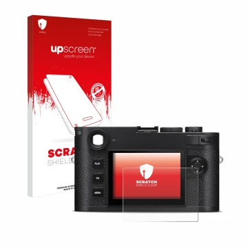Parte frontale di una confezione del prodotto con il logo del marchio upscreen. Accanto è raffigurato il dispositivo Leica M11