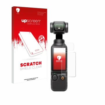 Parte frontale di una confezione del prodotto con il logo del marchio upscreen. Accanto è raffigurato il dispositivo DJI Osmo 