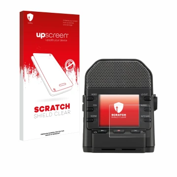 Parte frontale di una confezione del prodotto con il logo del marchio upscreen. Accanto è raffigurato il dispositivo Zoom Q2n-