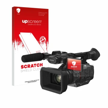 Parte frontale di una confezione del prodotto con il logo del marchio upscreen. Accanto è raffigurato il dispositivo Panasonic