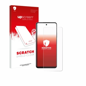 Parte frontale di una confezione del prodotto con il logo del marchio upscreen. Accanto è raffigurato il dispositivo Infinix S