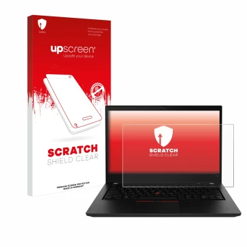 Parte frontale di una confezione del prodotto con il logo del marchio upscreen. Accanto è raffigurato il dispositivo Lenovo Th