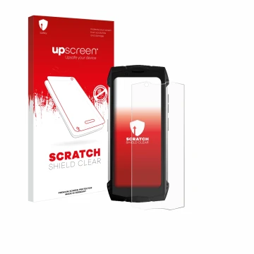 Parte frontale di una confezione del prodotto con il logo del marchio upscreen. Accanto è raffigurato il dispositivo Doogee S 