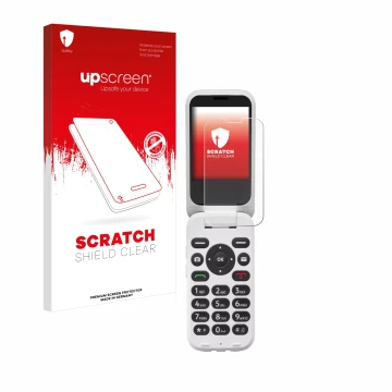 Parte frontale di una confezione del prodotto con il logo del marchio upscreen. Accanto è raffigurato il dispositivo Doro 6820