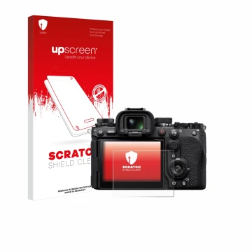 Parte frontale di una confezione del prodotto con il logo del marchio upscreen. Accanto è raffigurato il dispositivo Sony Alph