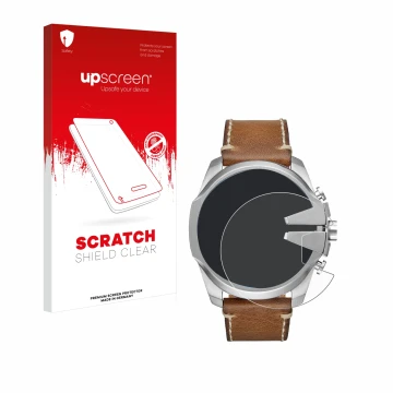 Parte frontale di una confezione del prodotto con il logo del marchio upscreen. Accanto è raffigurato il dispositivo Diesel Me