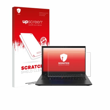 Parte frontale di una confezione del prodotto con il logo del marchio upscreen. Accanto è raffigurato il dispositivo Lenovo Th