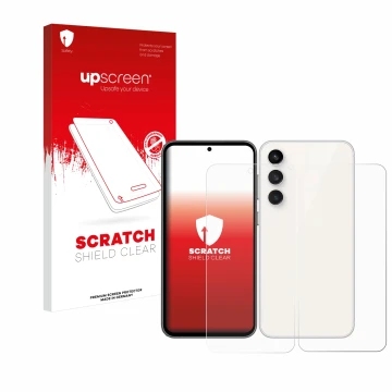 Parte frontale di una confezione del prodotto con il logo del marchio upscreen. Accanto è raffigurato il dispositivo Samsung G