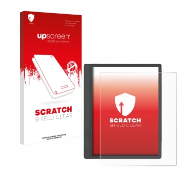 Parte frontale di una confezione del prodotto con il logo del marchio upscreen. Accanto è raffigurato il dispositivo Boox Tab 