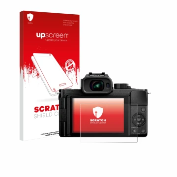 Parte frontale di una confezione del prodotto con il logo del marchio upscreen. Accanto è raffigurato il dispositivo Panasonic