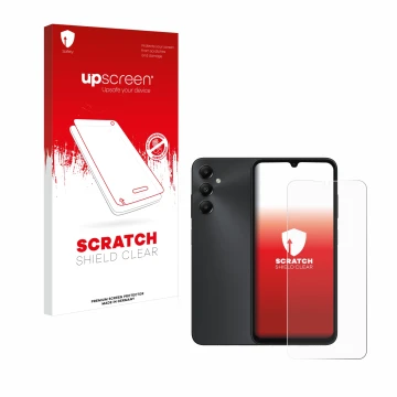 Parte frontale di una confezione del prodotto con il logo del marchio upscreen. Accanto è raffigurato il dispositivo Samsung G