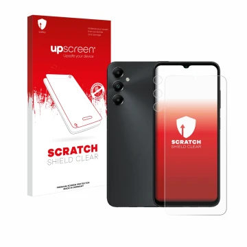 Parte frontale di una confezione del prodotto con il logo del marchio upscreen. Accanto è raffigurato il dispositivo Samsung G