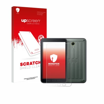 Parte frontale di una confezione del prodotto con il logo del marchio upscreen. Accanto è raffigurato il dispositivo Samsung G