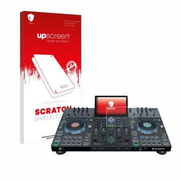 Parte frontale di una confezione del prodotto con il logo del marchio upscreen. Accanto è raffigurato il dispositivo Denon DJ 
