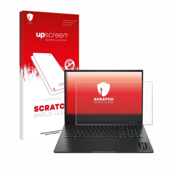 Parte frontale di una confezione del prodotto con il logo del marchio upscreen. Accanto è raffigurato il dispositivo HP Omen 1