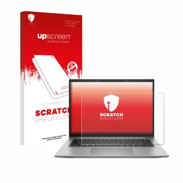 Parte frontale di una confezione del prodotto con il logo del marchio upscreen. Accanto è raffigurato il dispositivo HP Zbook 