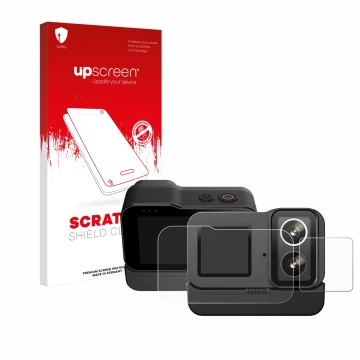 Parte frontale di una confezione del prodotto con il logo del marchio upscreen. Accanto è raffigurato il dispositivo SJCAM SJ2