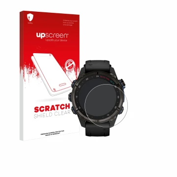 Parte frontale di una confezione del prodotto con il logo del marchio upscreen. Accanto è raffigurato il dispositivo Garmin De
