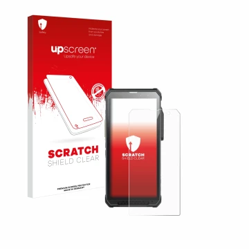 Parte frontale di una confezione del prodotto con il logo del marchio upscreen. Accanto è raffigurato il dispositivo RugGear R