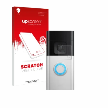 Parte frontale di una confezione del prodotto con il logo del marchio upscreen. Accanto è raffigurato il dispositivo Ring Vide