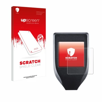 Parte frontale di una confezione del prodotto con il logo del marchio upscreen. Accanto è raffigurato il dispositivo Trezor Mo