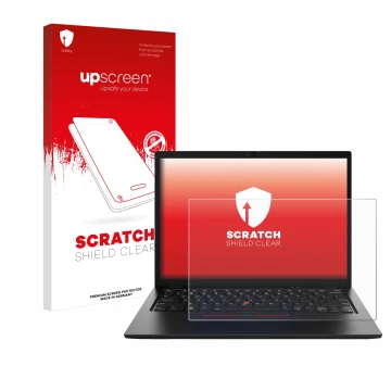Parte frontale di una confezione del prodotto con il logo del marchio upscreen. Accanto è raffigurato il dispositivo Lenovo Th