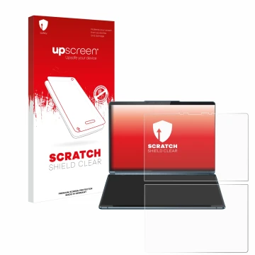 Parte frontale di una confezione del prodotto con il logo del marchio upscreen. Accanto è raffigurato il dispositivo Lenovo Yo