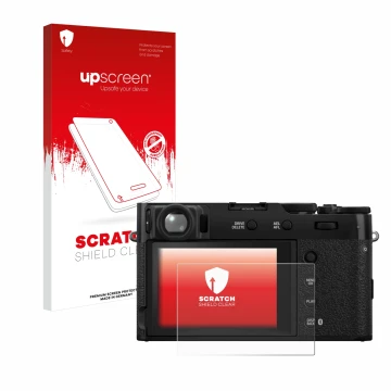 Parte frontale di una confezione del prodotto con il logo del marchio upscreen. Accanto è raffigurato il dispositivo Fujifilm 